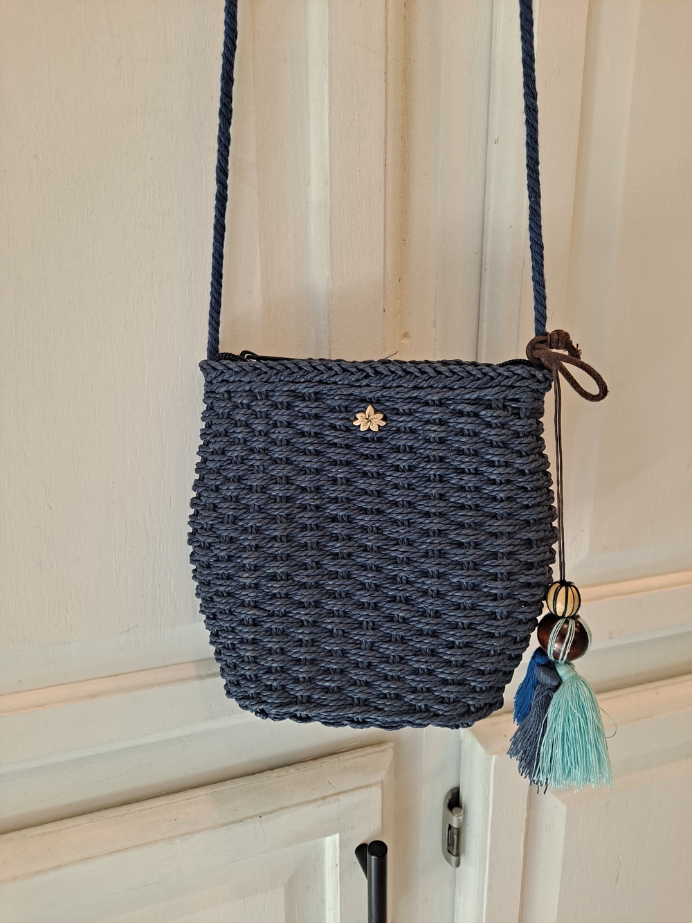 Cappelli Straworld Navy Blue Woven Straw Crossbody Bucket Hobo Tassel Charm Bag